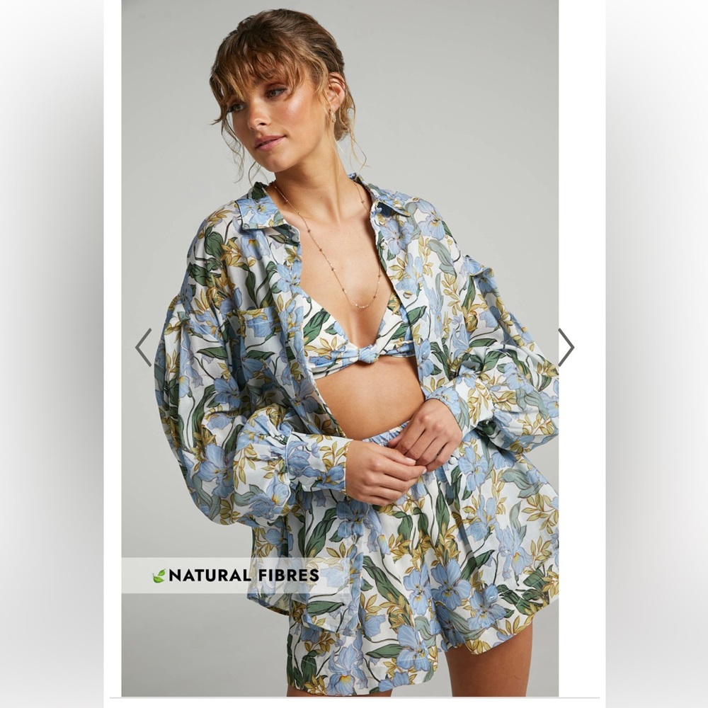 Showpo Blue Floral Button-Up Shirt shorts and bralette - Picture 6 of 10